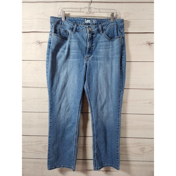 Lee Denim - Lee Women's‎ Blue Solid Stretch Mid Rise Regular Fit Straight Leg Jeans Size 14P